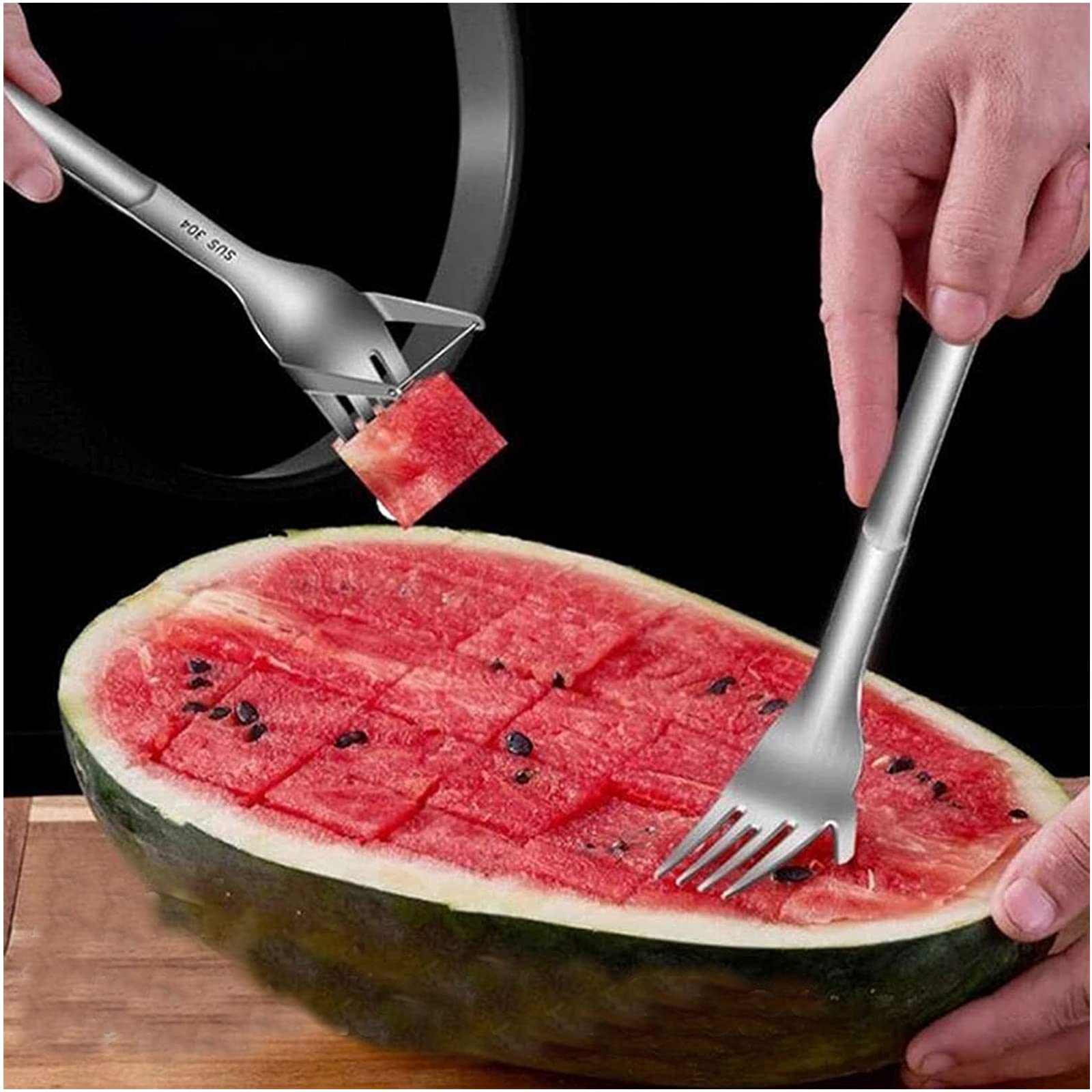 2 In 1 Watermelon Slicer Fork Multi-purpose Food Grade 304 Stainless Steel  Safe Quick Cut Fruit Cutter Slicing Cutting Tool Kitchen Gadgets Kaesi